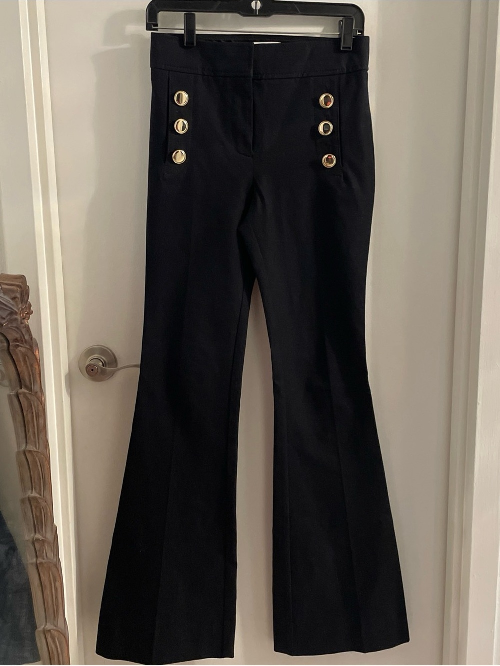 NWOT Derek Lam 10 Crosby size 0 Black Robertson cotton Gold Buttons Flare Pants